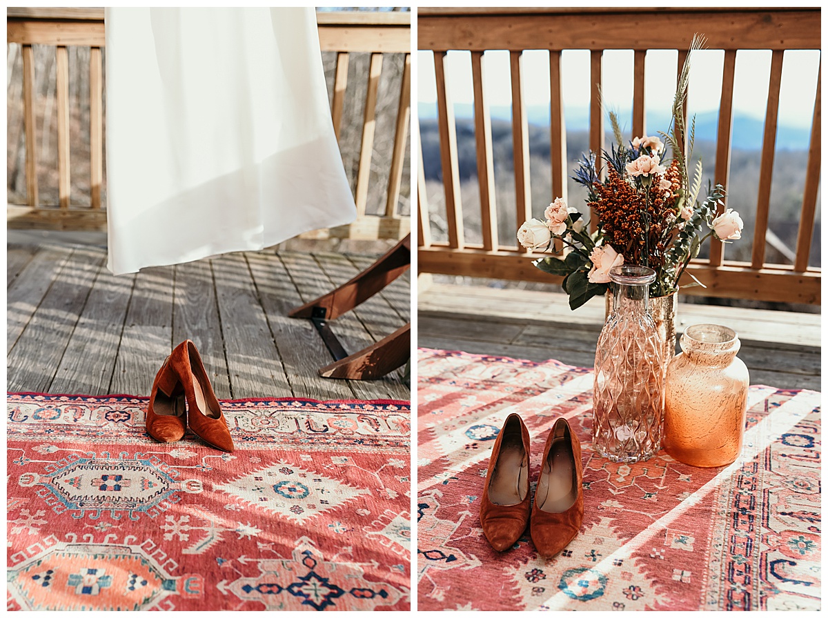 Mountain wedding details Madewell shoes and artisan rug